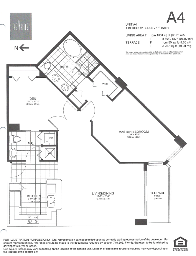 Floor plan for 1 bed, 1.5 baths, 1031 sqft